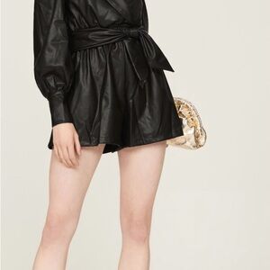 Black Women's Faux Leather Romper with Tie Belt